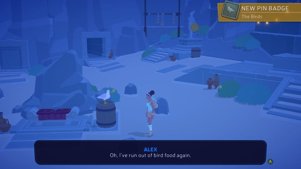 A beach at night, with stone steps and walls in the background, and a black female wearing a backpack facing a seagull that is perched on top of a barrel. Text at the bottom reads Oh, I've run out of bird food again.