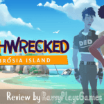 Illustrated image of beach with blue sky, with a black female backpacker, and a pale male with spiky dark hair wearing a shirt that reads DED. Logo text reads Mythwrecked: Ambrosia Island. At the bottom of the image white text reads Review by Ravvy Plays Games