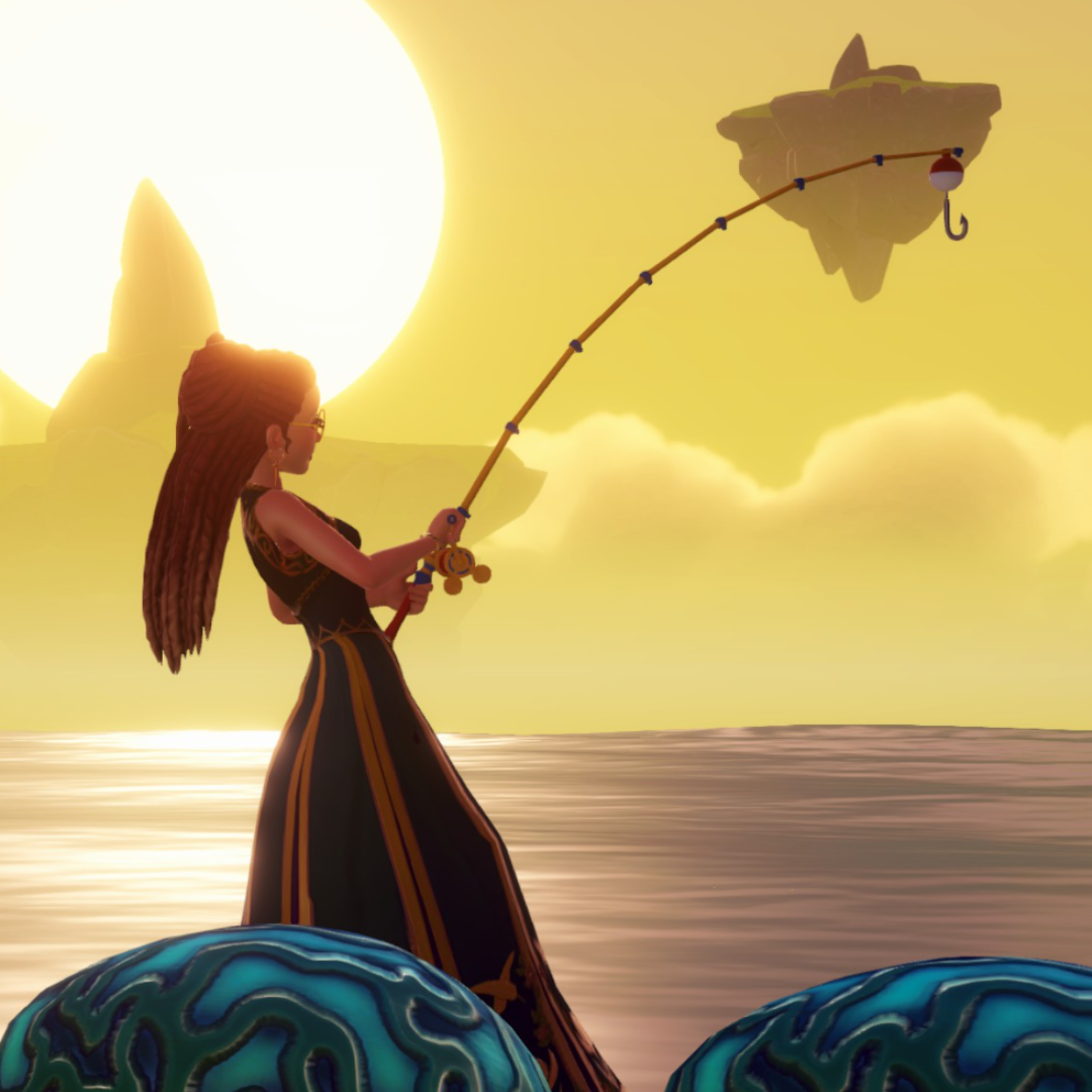female character wearing a green ball gown fishes on the beach at sunset in Disney Dreamlight Valley