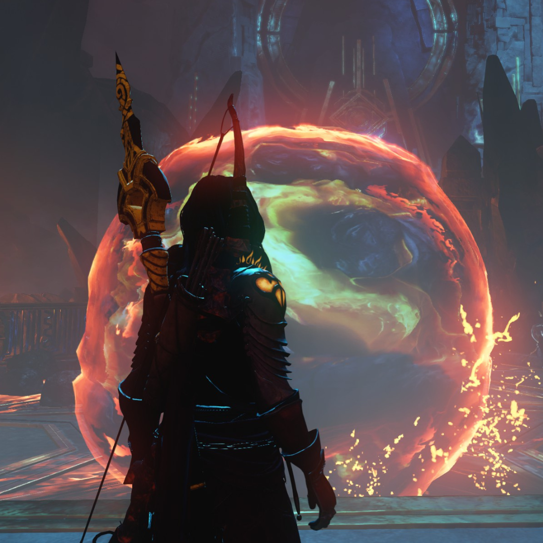 an armored woman with a bow and spear on her back looks a giant molten rock rolling towards her in New World: Aeternum