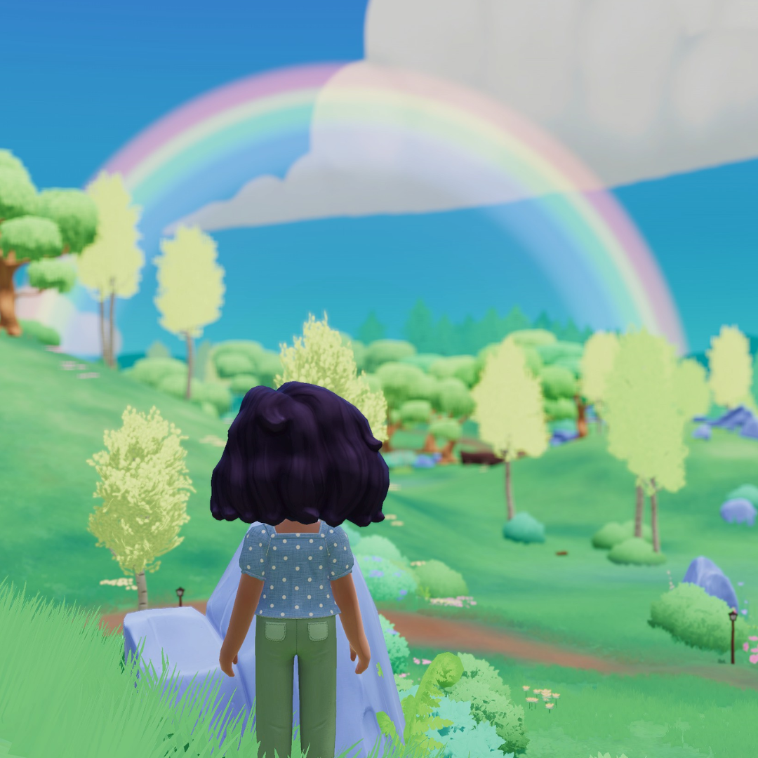 a girl stands in a green meadow looking at a rainbow in Paleo Pines