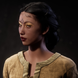 an Asian featured woman with gold eye shadow and black hair in a long braid gives a side eye glance toward the camera in the Pax Dei character creation screen